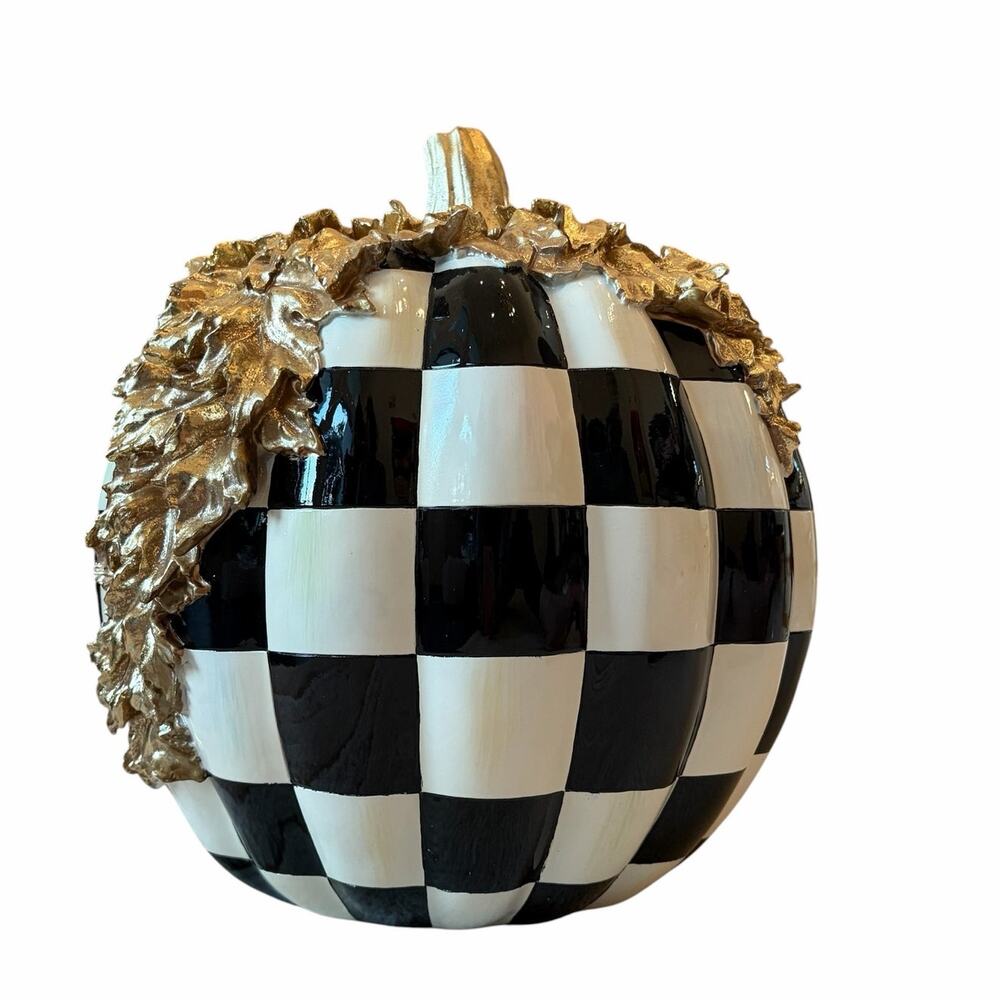 NEW MacKenzie Childs Courtly Check Gold Foliage Pumpkin 11.5" H in Original Box - Picture 13 of 16